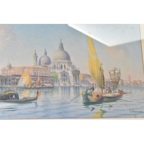 486 - UMBERTO ONGANIA (1860-1896) TWO WATERCOLOUR VENETIAN SCENES, the first depicts Basilica Santa Maria ... 