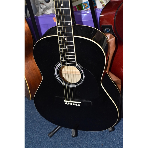 489 - THREE ACOUSTIC GUITARS, comprising a Jagg model JAG-39-BK acoustic guitar in a black and cream finis... 