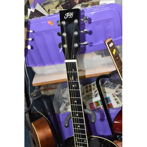 489 - THREE ACOUSTIC GUITARS, comprising a Jagg model JAG-39-BK acoustic guitar in a black and cream finis... 