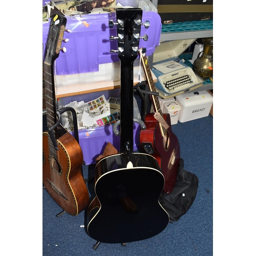 489 - THREE ACOUSTIC GUITARS, comprising a Jagg model JAG-39-BK acoustic guitar in a black and cream finis... 