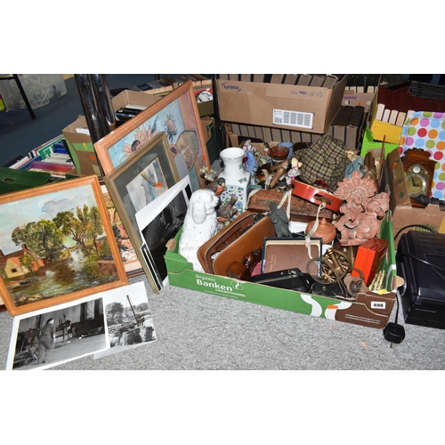 498 - THREE BOXES AND LOOSE MISCELLANEOUS ITEMS to include two terracotta figures of central-American deit... 