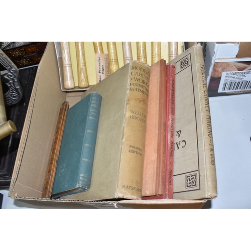 500 - A BOX OF VINTAGE WOODWORKING TOOLS AND BOOKS to include a box of vintage Marples woodturning tools c... 