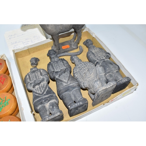 501 - A CHINESE XIANGQI CHESS SET AND TERRACOTTA WARRIOR FIGURES comprising a set of thirty-two piece wood... 