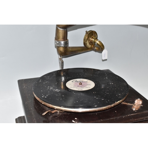 502 - HIS MASTER VOICE' GRAMOPHONE, comprising a wind up horned gramophone in need of attention, winding h... 