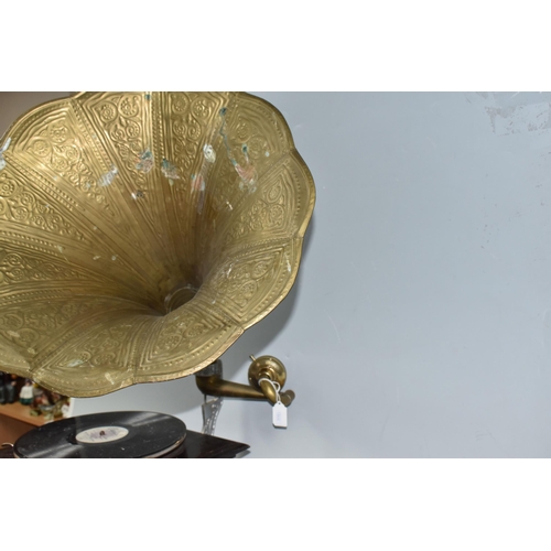 502 - HIS MASTER VOICE' GRAMOPHONE, comprising a wind up horned gramophone in need of attention, winding h... 