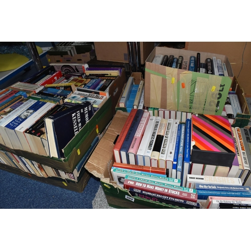 504 - SIX BOXES OF BOOKS, over one hundred and fifty books, mostly assorted novels, biographies, how to wo... 