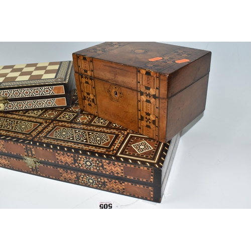 505 - TWO MIDDLE EASTERN BACKGAMMON BOARDS, comprising a large 1970's inlaid games box with chess board to... 