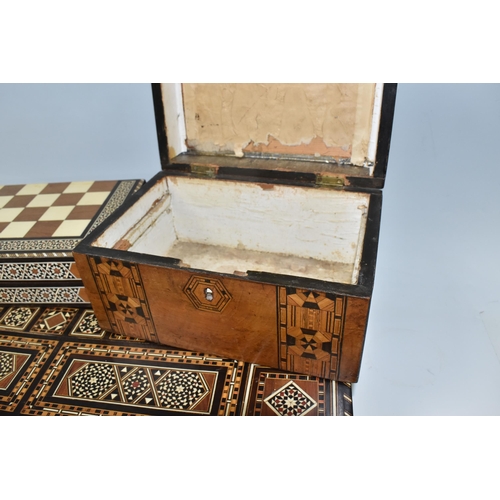 505 - TWO MIDDLE EASTERN BACKGAMMON BOARDS, comprising a large 1970's inlaid games box with chess board to... 