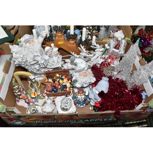 506 - THREE BOXES AND LOOSE CHRISTMAS ORNAMENTS, to include two small potted trees, height 80cm, four boxe... 