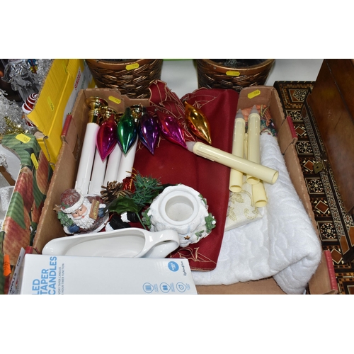 506 - THREE BOXES AND LOOSE CHRISTMAS ORNAMENTS, to include two small potted trees, height 80cm, four boxe... 