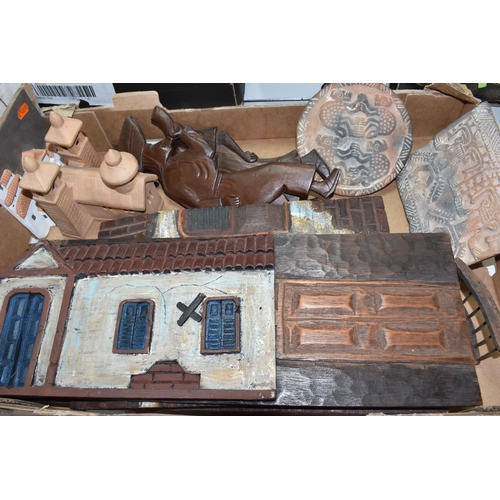 508 - ONE BOX OF SOUTH AMERICAN TREEN AND ORNAMENTS, to include four 1970's carved and hand painted wooden... 