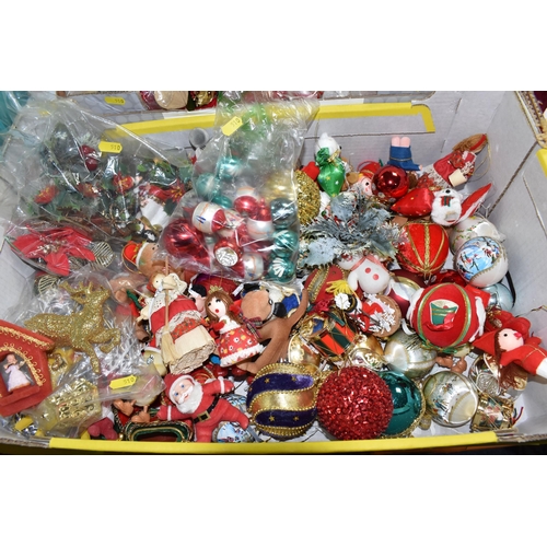 510 - THREE BOXES OF TRADITIONAL CHRISTMAS DECORATIONS, to include a quantity of assorted baubles, Santa f... 