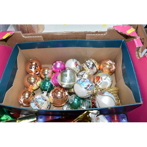 510 - THREE BOXES OF TRADITIONAL CHRISTMAS DECORATIONS, to include a quantity of assorted baubles, Santa f... 