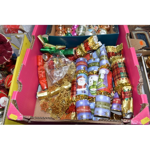 510 - THREE BOXES OF TRADITIONAL CHRISTMAS DECORATIONS, to include a quantity of assorted baubles, Santa f... 