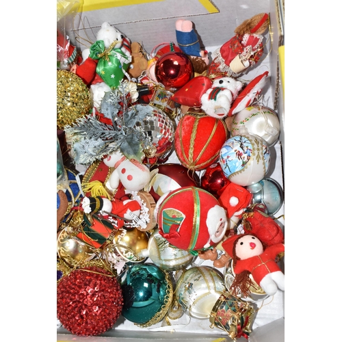 510 - THREE BOXES OF TRADITIONAL CHRISTMAS DECORATIONS, to include a quantity of assorted baubles, Santa f... 