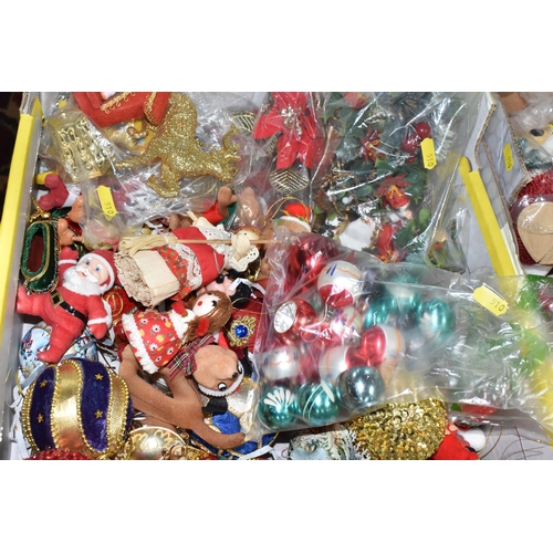 510 - THREE BOXES OF TRADITIONAL CHRISTMAS DECORATIONS, to include a quantity of assorted baubles, Santa f... 