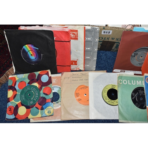 512 - ONE BOX OF 45RPM SINGLE VINYL RECORDS, approximately two hundred records, artists include T.Rex, Suz... 