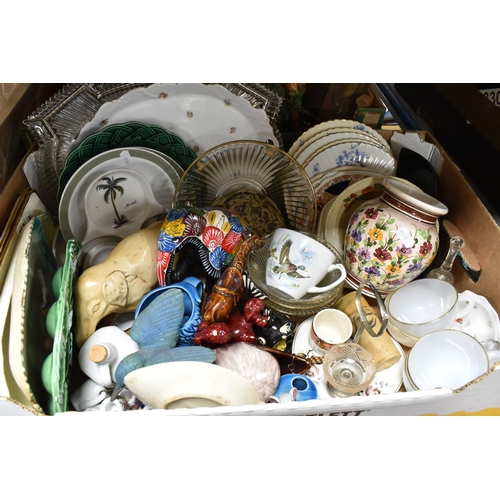 521 - TWO BOXES OF CERAMICS, GLASS, METALWARE AND SUNDRY ITEMS, to include a collection of decorative meta... 