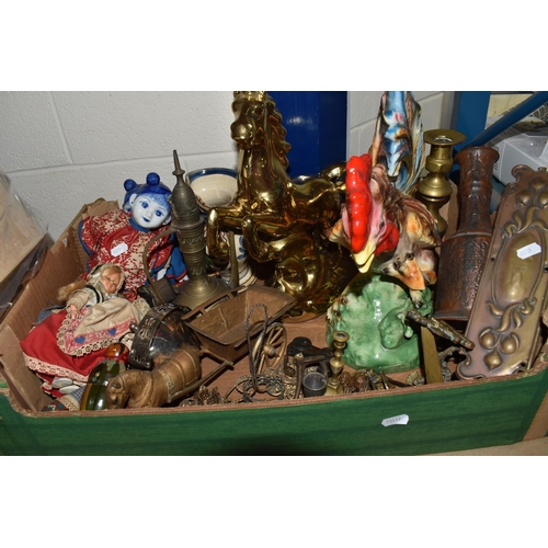 521 - TWO BOXES OF CERAMICS, GLASS, METALWARE AND SUNDRY ITEMS, to include a collection of decorative meta... 