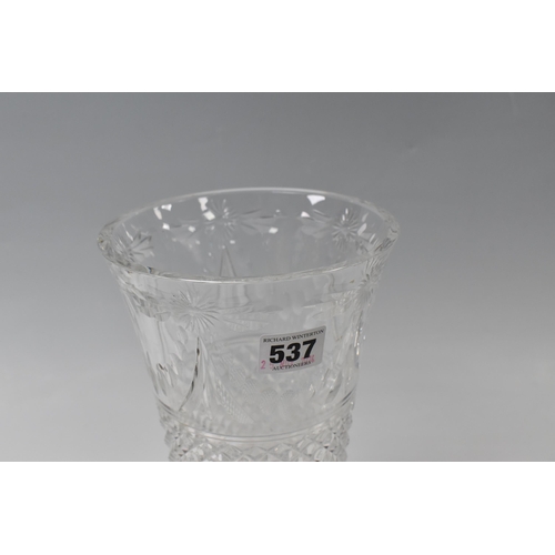 537 - A LARGE STUART CRYSTAL 'BEACONSFIELD' PATTERN VASE, of footed tapering form, height 31cm (1) (Condit... 