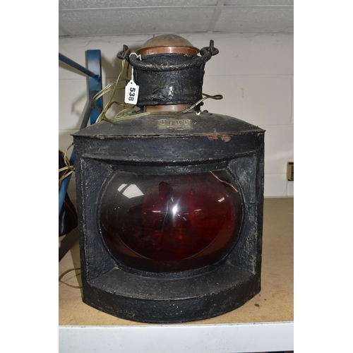 538 - A LARGE SHIP'S METAL LANTERN, painted black and converted to electricity, oil lamp and brass reflect... 