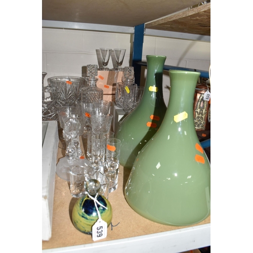 539 - A GROUP OF GLASSWARE, comprising two Mike Hunter 'Twist' vases, height of tallest 31cm, a Mdina styl... 