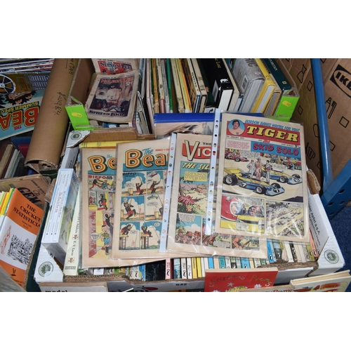 542 - SIX BOXES OF BOOKS, COMICS & MAGAZINES book subjects include children's annuals and stories, bibles,... 