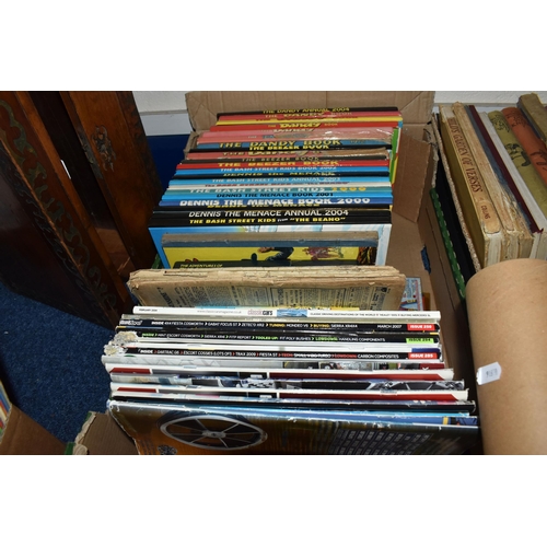 542 - SIX BOXES OF BOOKS, COMICS & MAGAZINES book subjects include children's annuals and stories, bibles,... 