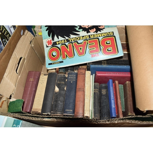 542 - SIX BOXES OF BOOKS, COMICS & MAGAZINES book subjects include children's annuals and stories, bibles,... 