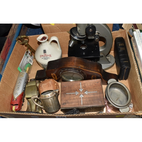 543 - TWO BOXES OF MISCELLANEOUS SUNDRIES, a Smiths mantel clock marked 96.660, a British Masonic medal, a... 