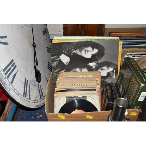 543 - TWO BOXES OF MISCELLANEOUS SUNDRIES, a Smiths mantel clock marked 96.660, a British Masonic medal, a... 