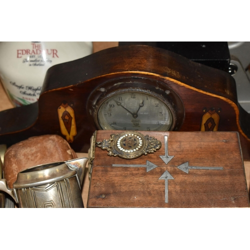 543 - TWO BOXES OF MISCELLANEOUS SUNDRIES, a Smiths mantel clock marked 96.660, a British Masonic medal, a... 