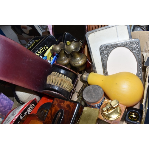 547 - A BOX OF SUNDRY ITEMS AND COLLECTABLES ETC, to include a silver engine turned photo frame, approxima... 