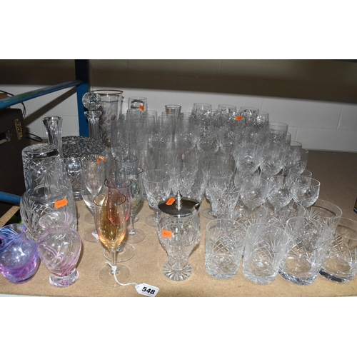 548 - A SELECTION OF CUT AND COLOURED GLASSWARES, to include preserve jar with silver coloured lid, a rose... 