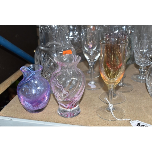 548 - A SELECTION OF CUT AND COLOURED GLASSWARES, to include preserve jar with silver coloured lid, a rose... 