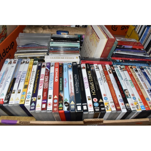 549 - SIX BOXES OF BOOKS, DVDs AND CDs, book subjects include war, military, history, geography, biography... 