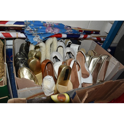 551 - SEVEN BOXES AND LOOSE LADIES CLOTHING ACCESSORIES, to include size 6 shoes and boots, leather and fa... 