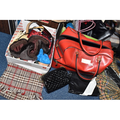 551 - SEVEN BOXES AND LOOSE LADIES CLOTHING ACCESSORIES, to include size 6 shoes and boots, leather and fa... 