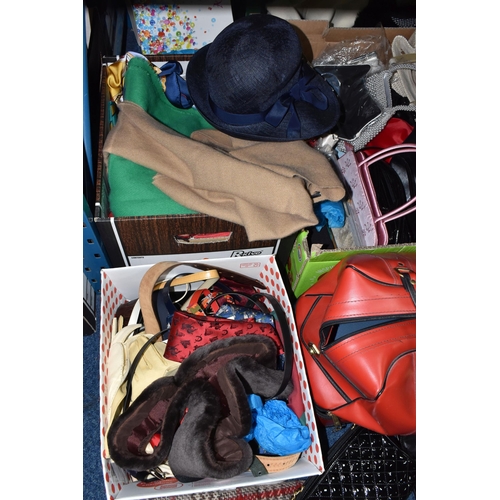 551 - SEVEN BOXES AND LOOSE LADIES CLOTHING ACCESSORIES, to include size 6 shoes and boots, leather and fa... 