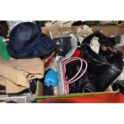 551 - SEVEN BOXES AND LOOSE LADIES CLOTHING ACCESSORIES, to include size 6 shoes and boots, leather and fa... 