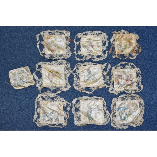 556 - A BOX OF TEN VICTORIAN HAND PAINTED SILK SQUARES, all but one edged with lace, each painted with an ... 