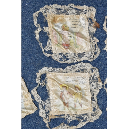 556 - A BOX OF TEN VICTORIAN HAND PAINTED SILK SQUARES, all but one edged with lace, each painted with an ... 