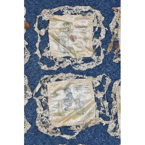 556 - A BOX OF TEN VICTORIAN HAND PAINTED SILK SQUARES, all but one edged with lace, each painted with an ... 