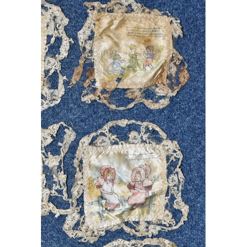 556 - A BOX OF TEN VICTORIAN HAND PAINTED SILK SQUARES, all but one edged with lace, each painted with an ... 