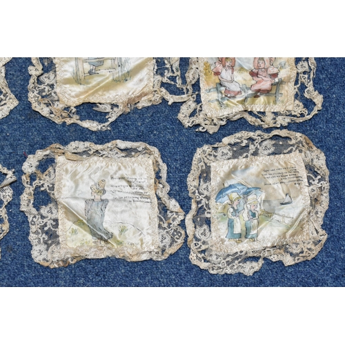 556 - A BOX OF TEN VICTORIAN HAND PAINTED SILK SQUARES, all but one edged with lace, each painted with an ... 