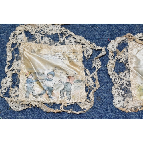 556 - A BOX OF TEN VICTORIAN HAND PAINTED SILK SQUARES, all but one edged with lace, each painted with an ... 