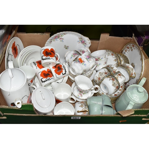 561 - THREE BOXES AND LOOSE TEA AND DINNER WARES ETC, to include Susie Coope for Wedgwood 'Cornpoppy' coff... 