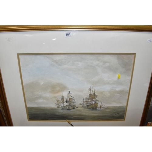 564 - A COLLECTION OF LATE 20TH CENTURY PAINTINGS AND PRINTS ETC, to include two oil on canvas maritime ba... 