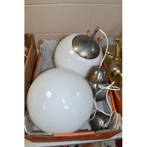 565 - FOUR BOXES AND LOOSE LAMPS AND SHADES to include three Ikea glass white spherical hanging lamps, app... 