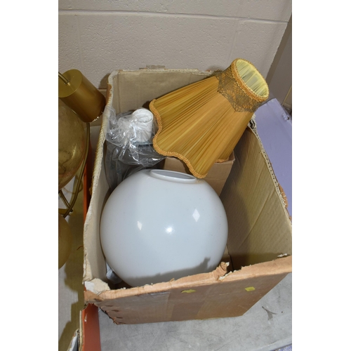 565 - FOUR BOXES AND LOOSE LAMPS AND SHADES to include three Ikea glass white spherical hanging lamps, app... 